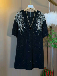 plus Size Womens Short Sleeve round Neck Floral Shoulder Diamond Shiny Dress Heavy Embroidery Black Slimming A-Line Skirt