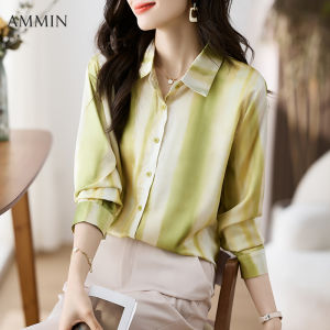 AMMIN 2024เสื้อผู้หญิงแขนยาวลำลองใหม่เสื้อไหมผ้าชีฟองลายทางไล่ระดับสีสุดชิคสวมใส่สบาย
