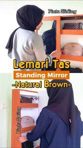Kaca Lemari Tas Standing Mirror aestetic Natural brown- Lemari Tas Kaca Pintu Geser Dengan Lampu LED