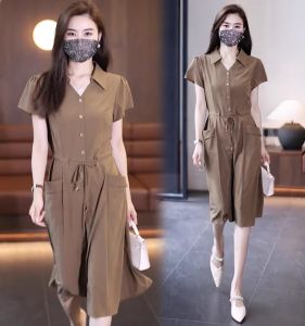 Summer Short Sleeve Shirt Collar Dress Womens Fashionable Elegant Waist-Cinching Belted Anti-Aging Versatile Skirt