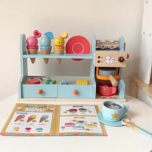 仿真 下午茶 二合一 冰淇淋咖啡机 木质 儿童玩具