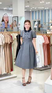 [MUA 2 GIẢM 25K] Đầm nữ dáng A xòe màu xám phối lá cổ đen vải bố cotton đứng form tiểu thư thanh lịch thời trang GUMAC LDF0507