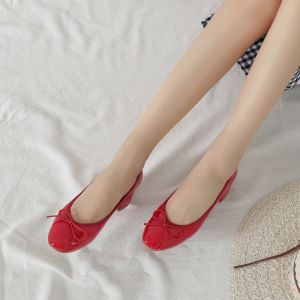 Trendy Spring 2025 New Versatile round Head Thick Heel Butterfly Knot Single Shoes Women mid Heel Ballet Shoes Red Wedding Shoes