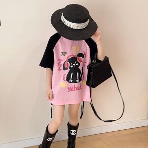 Girls Summer Short Sleeve T-Shirt Cartoon Print Casual Mid-Length Half Sleeve Top Trendy Childrens Fashion Cotton round Neck