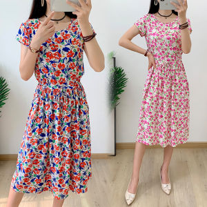 Noil Poplin Dress Womens Summer Dress Middle-Aged Mom Fashionable Short Sleeve Mid Length Long Length Floral Tight Waist Slim Looking Elegant Nightdress