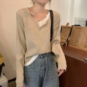 Contrast Color Gentle Ins Soft Glutinous Fake Two-Piece Knitting Sweater Womens Base Spring & Fall Winter Niche Style Chic Inner Wear Blouse