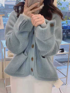 Soft Cozy Knitted Bear Fur Sweater Womens Loose Casual Style V-Neck Long Sleeve Thickened Autumn Winter Outerwear Cardigan