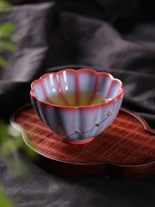 Retro Chinese Style Blue Porcelain Tea Cup with Five Fortunes And Pink Petal Design Handmade Ceramic Vintage Teacup Single Piece