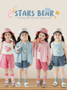 Summer Outfit for Girls Colorful Edged Sleeveless Shirt And Plaid Skirt Set Breathable Cotton Blend Casual Style Three Pieces