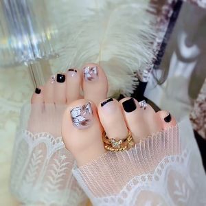 Toe Fake Nails 24pcs With Glue Feet Nail Kuku Kaki Palsu Nail Art Foot False Nail Wearable穿戴甲片法式黑边花朵显白脚指甲美甲足脚趾甲脚甲片可拆卸J21