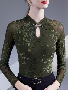 Retro Chinese Style Floral Embroidery Mesh Base Shirt Womens Spring Autumn T-Shirt Vintage Velvet Button Hollow out Top