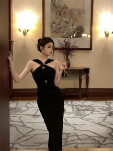 Elegant Black Cross Hollow out Strap Dress Womens Summer Slimming Long Skirt High-End Feeling Body Contouring V-Neck Dress