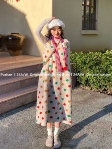 Pushan ชุดคริสต์มาสลายจุดสีสันสดใส เสื้อกั๊ก เดรส ผู้หญิง เสื้อคลุมปีใหม่ขนแกะปลอม เดรส หวาน หลวม Fit แขนกุด