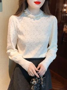 Áo Sơ Mi Ren Lót Lông Cừu Dày Thời Trang Thu Đông Mới Cho Nữ Áo Sơ Mi Dài Tay Cổ Đứng Màu Trơn Thường Ngày