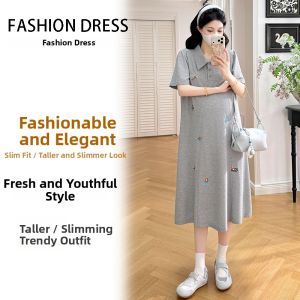 JoynCleon | Summer New Fashion Maternity Dresses for Hiding Baby Bump Polo Collar Loose Cartoon Embroidery