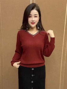 Fashionable V-Neck Knitwear Womens Loose Long Sleeve Diamond Embellished Top Spring 2025 Casual Versatile Mom Shirt