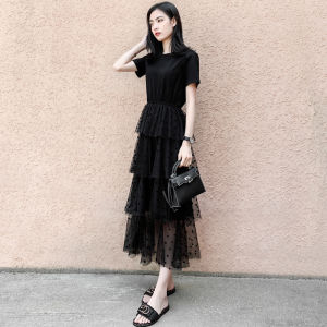 Black Polka Dot Long Skirt Dress Slimming Mesh Commute Style High Waist round Neck Short Sleeve Korean Version A-Line Dress