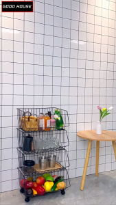 Kệ để đồ nhà bếp đa năng kệ xe đẩy mắt lưới để rau củ quả có bánh xe tiện lợi thép không gỉ chắc chắn bền bỉ