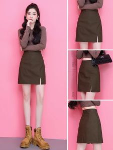 Café Brown High Waist Asymmetrical A-Line Mini Skirt Womens Autumn Winter New Style Slimming Short Skirt PU Leather
