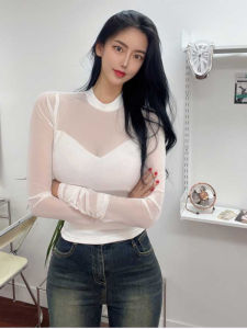 Áo Thun Nữ Dáng Ôm Dài Tay Cổ Cao Lưới Gợi Cảm Mùa Xuân Cotton 65% Kết Hợp Thời Trang Thường Ngày