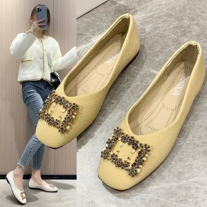 รองเท้าส้นแบนหนังนิ่มสำหรับผู้หญิง ฤดูใบไม้ผลิและฤดูร้อน รองเท้าสวมสบาย ส้นแบน ทรงหัวเหลี่ยม พื้นยาง สีพื้น