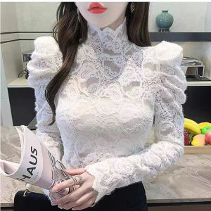 chaqi | Charmant Womens Fleece Lined Lace Base Shirt Bubble Sleeve Long Sleeve Half High Collar Slim Fit Top Fashionable Autumn Winter