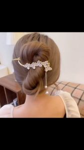 Jepit Rambut Korea Sanggul Bahan Logam 10.5cm Aksen Moonstones dengan Rumbai HBA010 HBA011