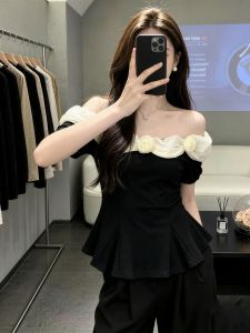 SHUAIYUE | Áo Dây Đan Hông Hoa Trang Trí Ôm Eo Màu Đen