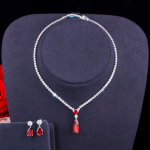 SEQUITO Gorgeous Bridal Silver Plated Paved Setting Red AAAAA Cubic Zircon Jewelry Long Waterdrop Pendant Necklace Earrings Set for Wedding Party SJ326