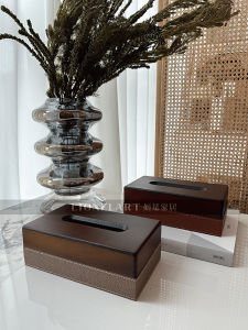 Luxurious Minimalist Wooden Tissue Box Hotel Quality Top Layer Cowhide Walnut Brown Color for Private Home And Club