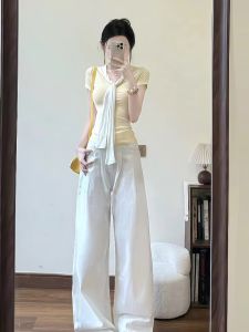 VKSOD | Sweet Milk Yellow Navy Collar Shoulder Shawl Short Sleeve Womens T-Shirt Casual High Waist Slimming Pants Two-Piece Set