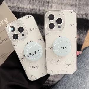 Korean Full Screen Kitten Puppy Bracket Phone Case For iPhone 17 16 15 14 13 12 11 Pro Max XS XR 7 8 Plus Shockproof Hard Cover