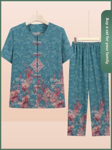 Elegant Short Sleeve Shirt Set for Elderly Women Summer Fashion Two-Piece Suit 60 Years Old Mom Mrs. Clothes Casual Loose Fit