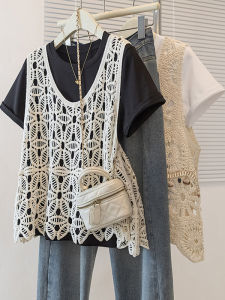 AIYITI | Summer New Plus Size Womens Unique Hook Flower Hollow Out Short Sleeve Tank Top And T-Shirt Set Comfortable Knitted Korean Style Loose Fit
