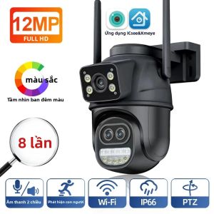 Camera An Ninh Thông Minh WIFI ICSEE 8K 12MP Với 3 Ống Kính Zoom Quang Học 8X Camera Giám Sát Video HD Ngoài Trời Tích Hợp Chức Năng Xoay PTZ Tự Động Chống Nước IP66