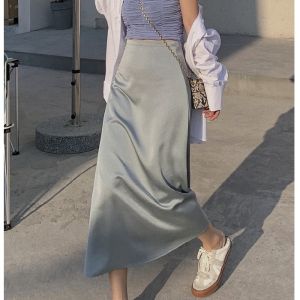 French Retro A- line Dress Womens Summer Lightly Mature Temperament High Waist Slim Looking Satin Midi One-Step Skirt Skirt