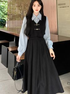 Autumn Winter Red Velvet Long Sleeve Dress Set Womens plus Size French Style Belly Covering Vest Skirt College Style A-Line Skirt