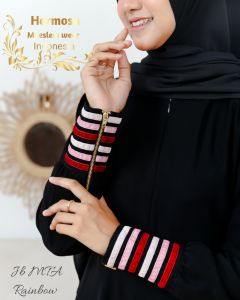 Gamis hermosa jetblack manset zipper Rainbow-Gamis syari hitam pekat 100% hermosa-gamis hitam terbaru