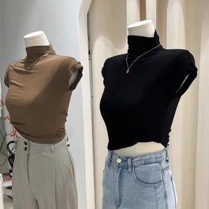 Stylish Modal Cotton Slim Fit Short Sleeve T-Shirt Womens Black Base Shirt Fashionable Inner Wear Half High Collar Top