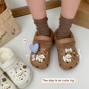 Fleece-lined Hole Shoes Womens Detachable Couple Winter Thick Sole Height Increased Outwear Nurse Heattech Fur Cotton Slippers Ladies