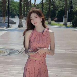Summer Polka Dot Sleeveless Vest And High Waist Wide Leg Pants Two Piece Set for Short Women Fashionable Outfit Ensemble
