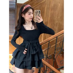 Seven Vintage Mini Black Dress Sweet Cool Square Collar Large Bow Waist Cinch Fluffy Skirt Dress Summer Womens Fashion