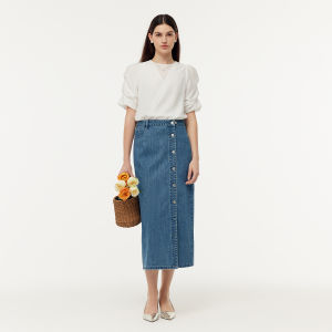 Gloria Womens Denim Mini Skirt Spring 2025 Trendy Bell-Bottomed Bodycon Skirt Button Detail Natural Waist Straight Cut Cotton