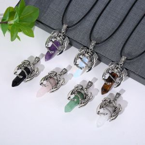 Natural Amethyst Rose Quartz Tiger Eye Stone Vintage Pendant Dragon in Heaven Alloy Necklace Jewelry Fashionable Accessory