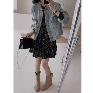 Áo Khoác Denim Cổ Tròn Rộng Rãi Phong Cách Retro Mùa Thu 2025 + Váy Hoa Áo Khoác Và Váy Hai Mảnh Cho Nữ