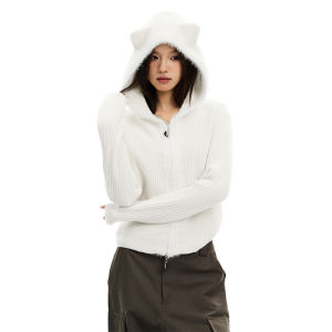Apea | Retro Cute Hemmed Patchwork Hooded Short Knit Cardigan