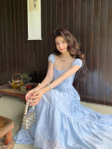 Deng Liuliu French Elegance Blue Dress Womens Summer Waist-Tight Slim Looking Large Skirt Seaside Vacation Long Dress