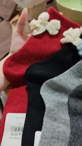 YM2465 Kaos kaki wanita pita belakang bahan wol hangat musim dingin gugur winter snow spring cute panjang bawah betis ribbon girly socks warna abu merah hitam khaki ( warna kulit )