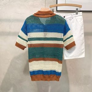 Áo Thun Nam Cổ Polo Tay Ngắn Mùa Hè Phong Cách Nhật Bản Cổ Điển Nhiều Màu Sắc Rỗng Dệt Kim Dáng Rộng Thoải Mái Thoáng Khí