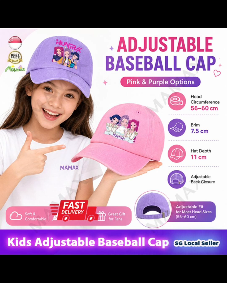 【SG Ready Stock】K-Pop Demon Hunters Kids Adjustable Baseball Cap★Kpop Inspired Character Print Hat✅Cute Pink/Purple Sun Cap for Girls/Teens 56-60cm✅Great Gift for Fans✅
